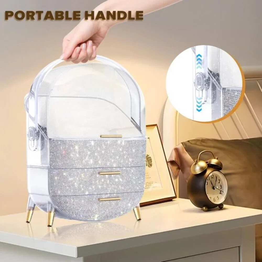Egg Shape Makeup Storage Box, Portable Preppy Vanity Organizer with Rhinestones